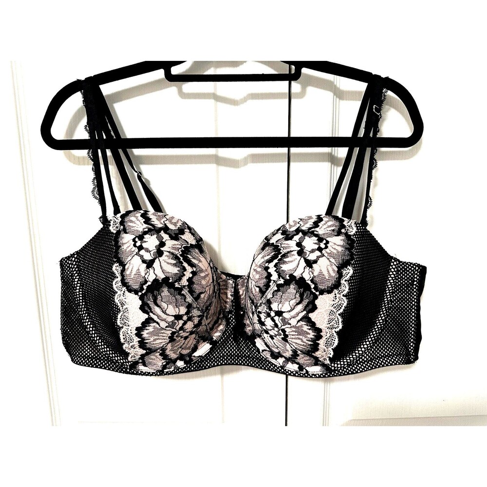 Size 44D Cacique Bra Black Pink Lace Underwire Padded Boned Molded Multi Strap